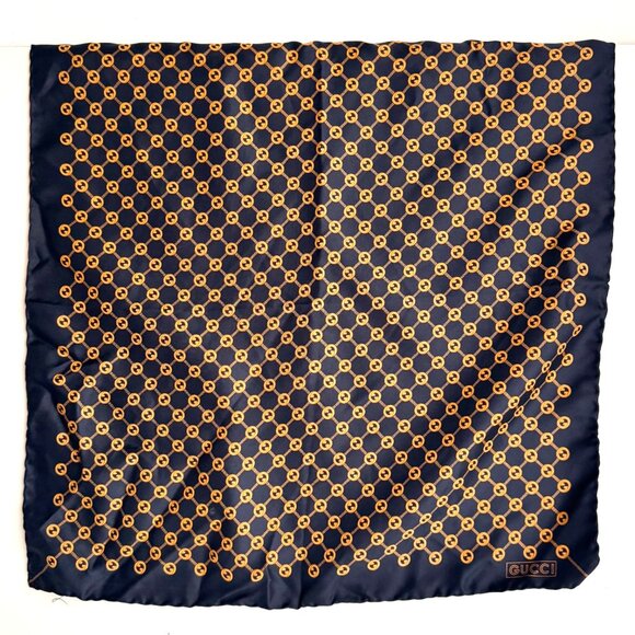 Gucci Navy Blue Gold All Over Print Silk Hand Rolled Scarf - Picture 2 of 7